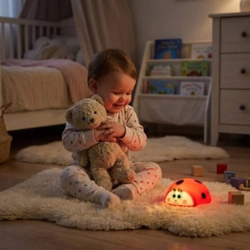 Veilleuse bebe douce nuit bebe est assise au sol