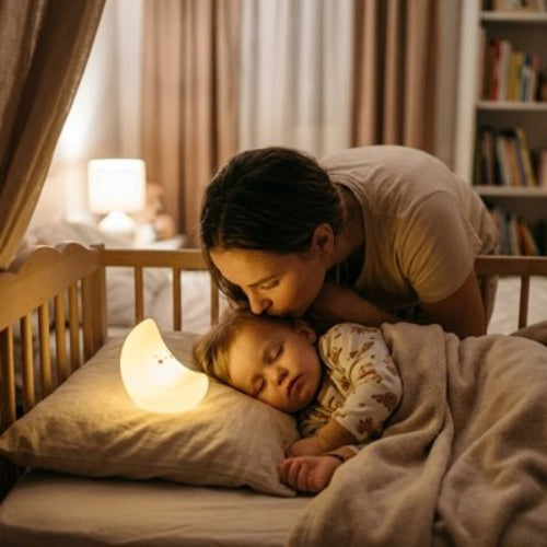 Veilleuse bebe lumiere douce apaisante maman fait un bisou a son bebe