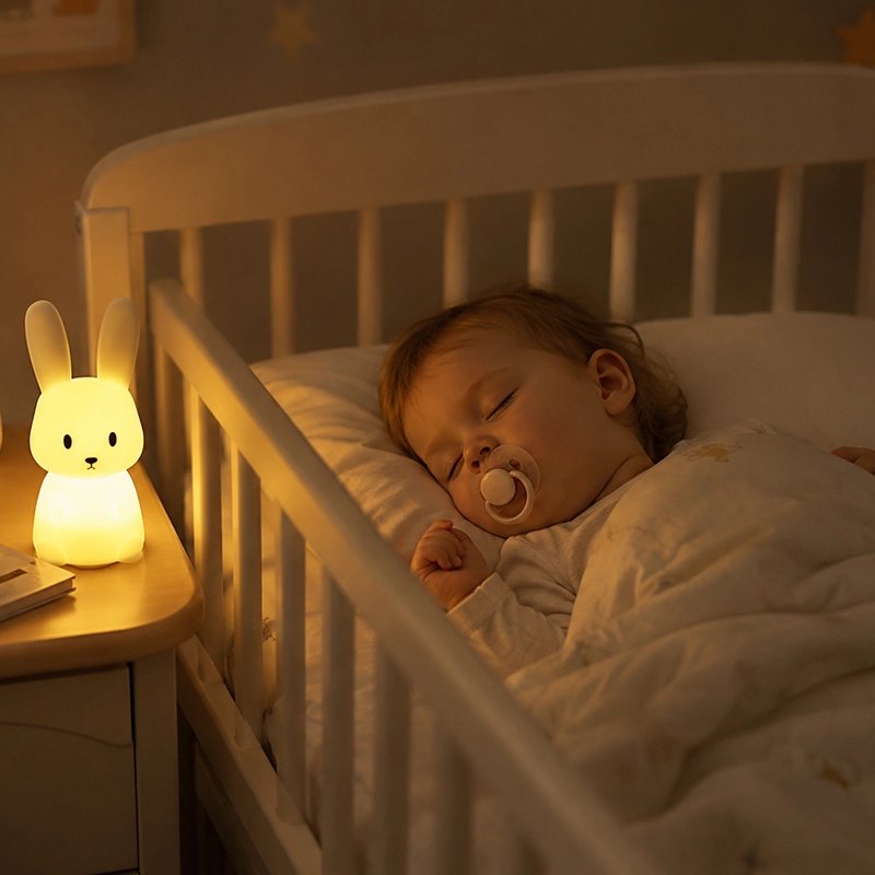 Veilleuse lapin ultra douce bebe dort dans son berceau