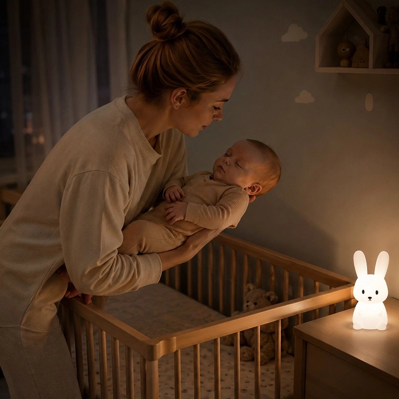 Veilleuse lapin ultra douce maman met son bebe dans son berceau