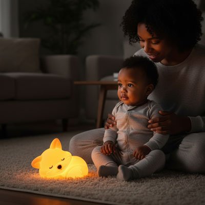 Veilleuse renard douce et apaisante maman et bebe devant la veilleuse